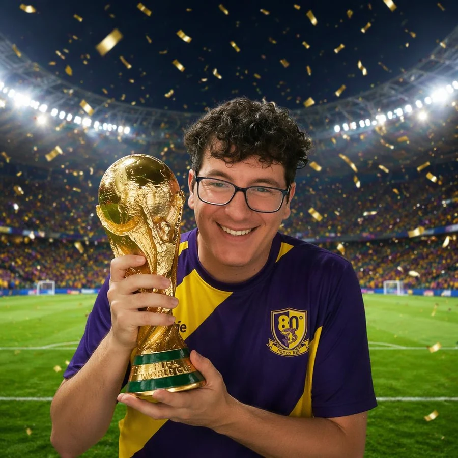 Squalo con la Coppa del Mondo, maglia viola e gialla